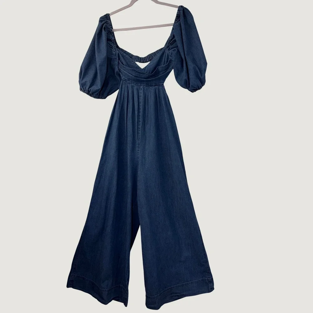 Free People Chambray Palazzo Jumpsuit Open Back Puff Sleeve Boho Cottagecore